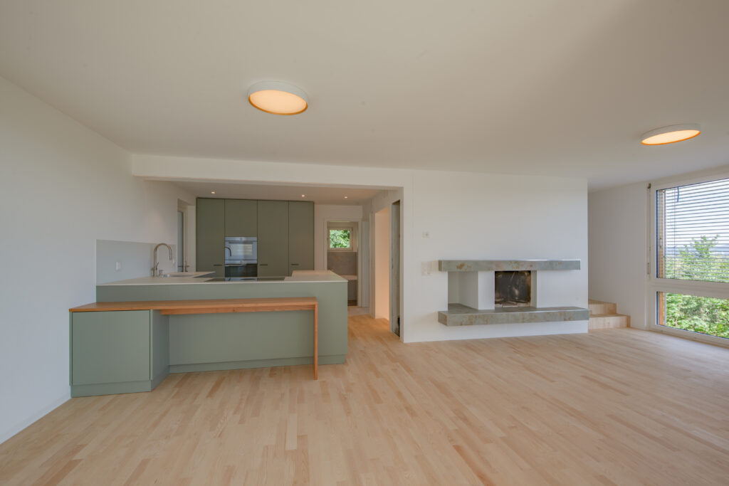 Küche in grün auf der linken Seite und Cheminee auf der rechten Seite